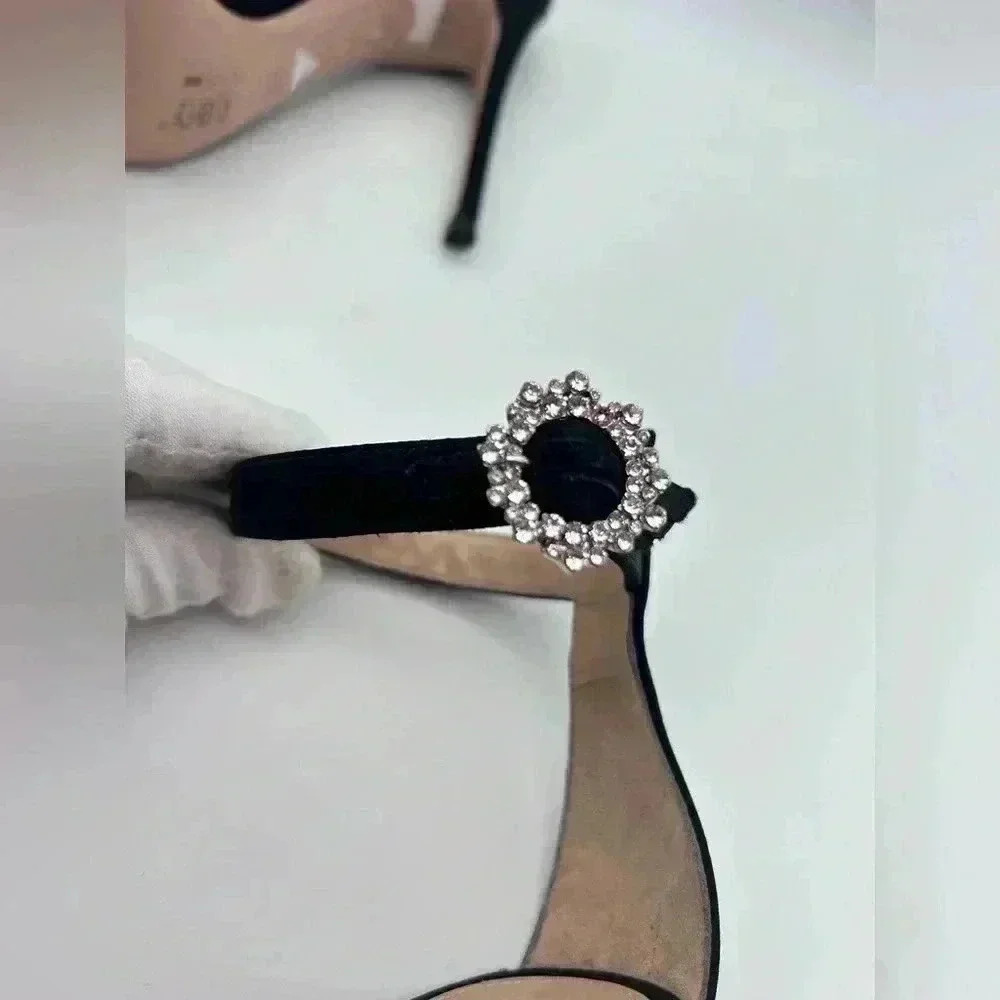 GIANVITO ROSSI Ava Crystal Embellished Satin Sandals Heels Black Size 37 - Picture 8 of 14